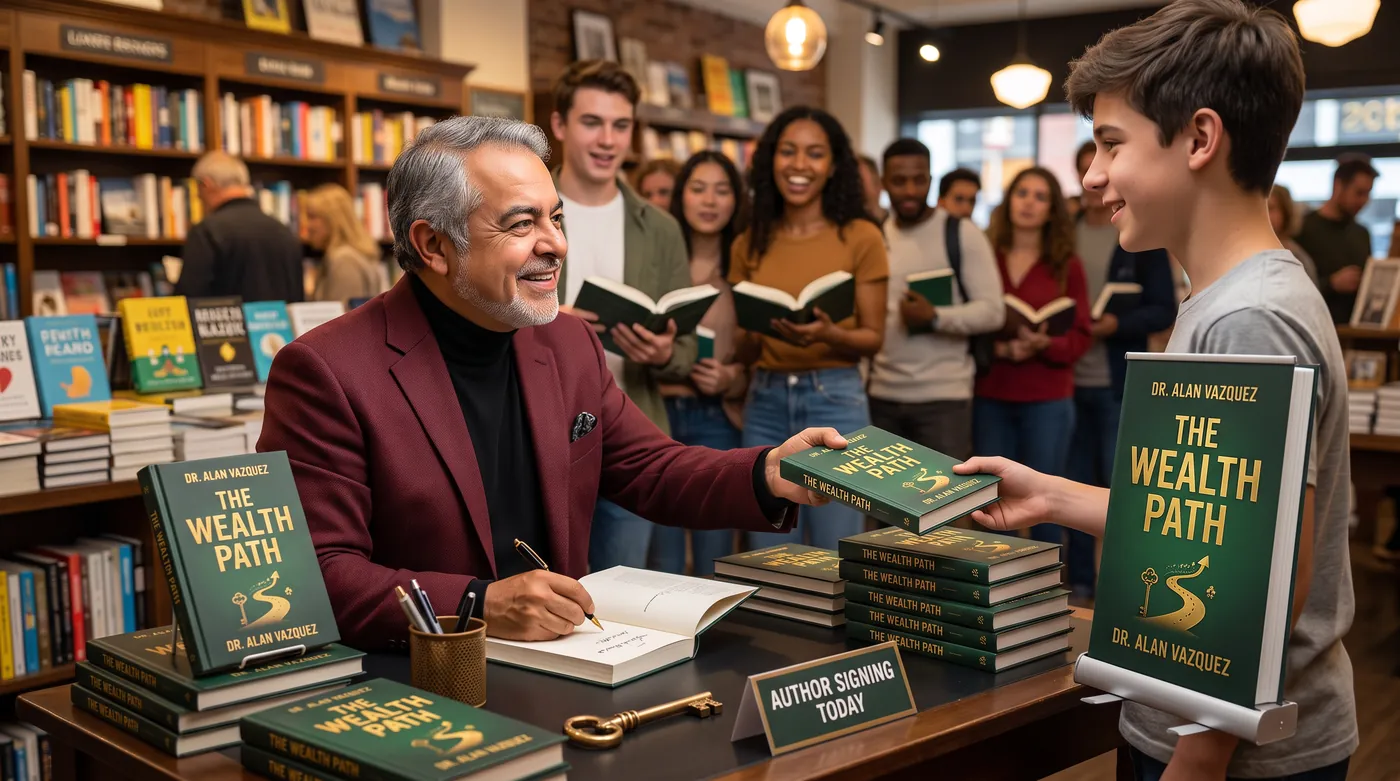 Bert signing copies of The Wealth Path for readers in a bookshop