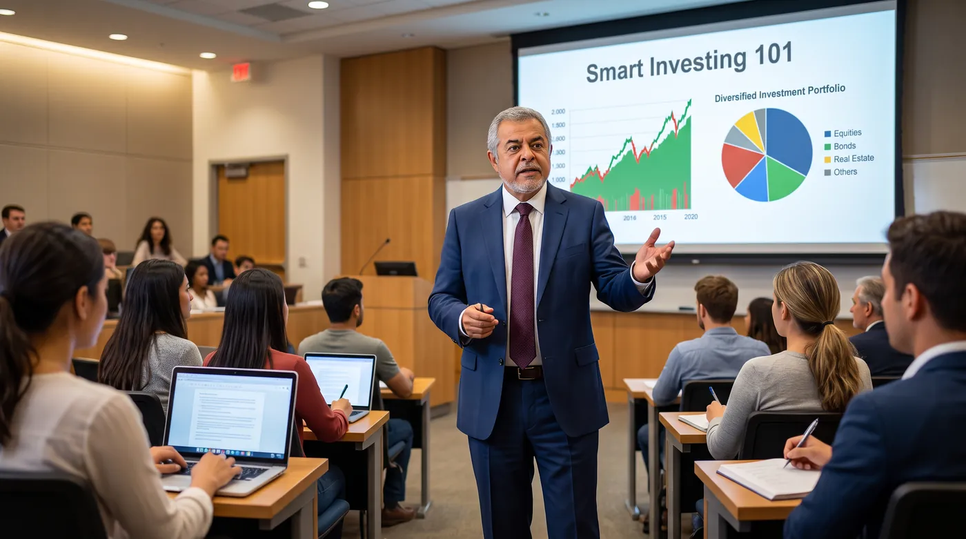 Bert teaching a Smart Investing 101 class with a portfolio chart on screen