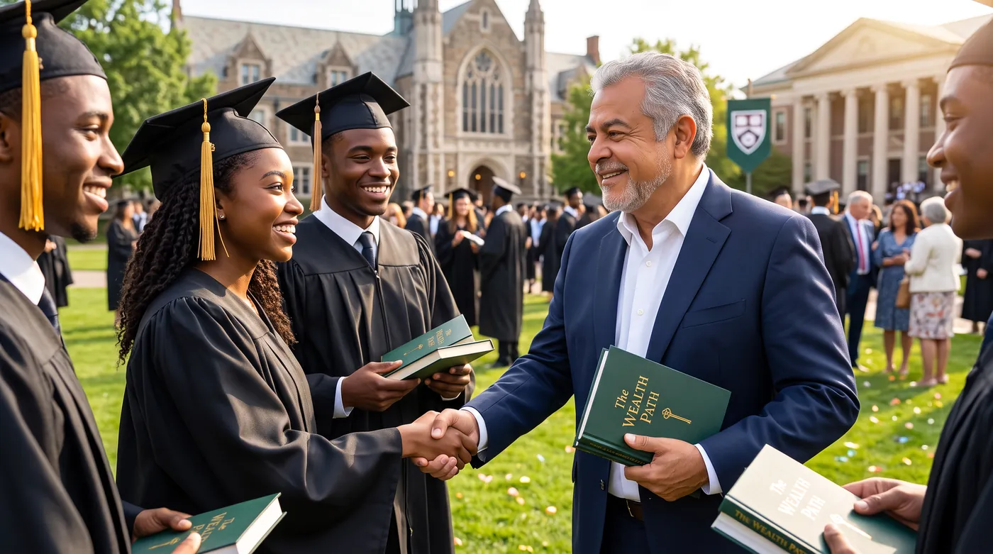 Bert handing copies of The Wealth Path to new graduates