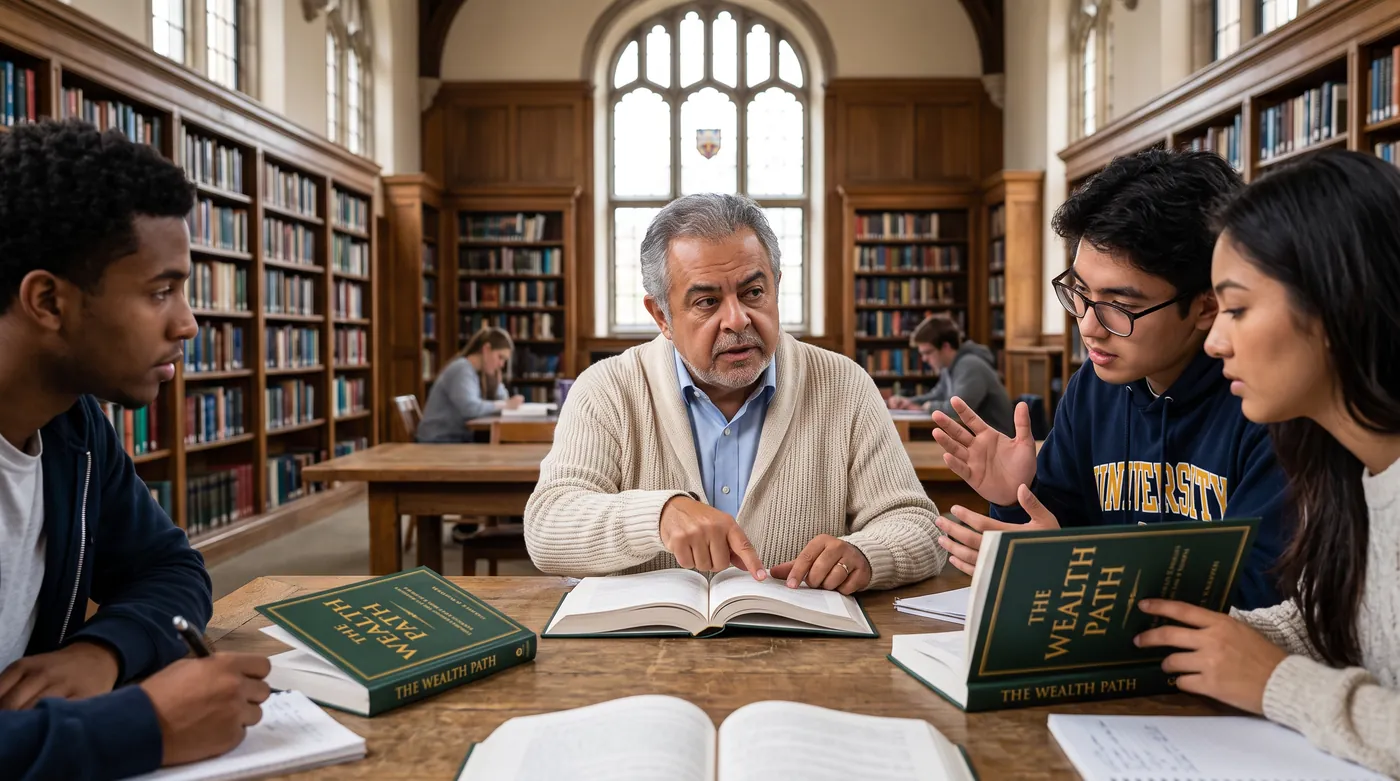 Bert discussing The Wealth Path with students in a library