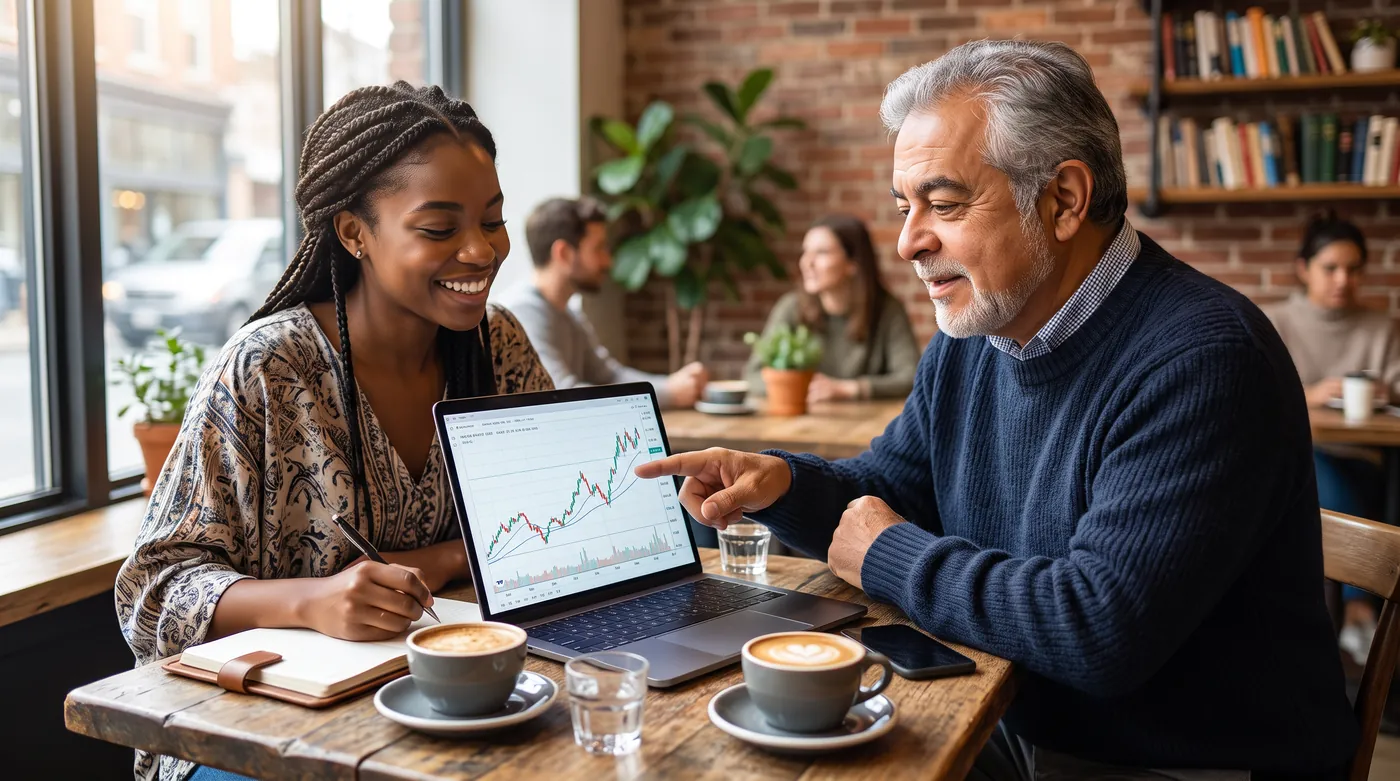 Bert going over a stock chart on a laptop with a young investor in a café
