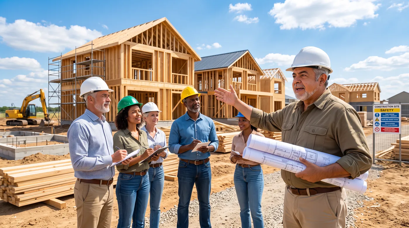 Bert in a hard hat explaining a new housing development to a group