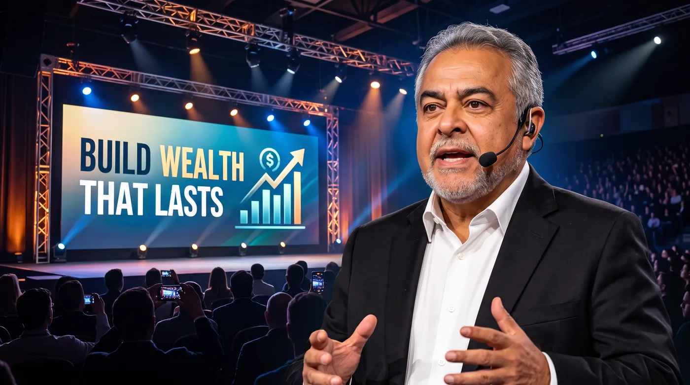 Bert speaking on stage in front of a screen reading Build Wealth That Lasts
