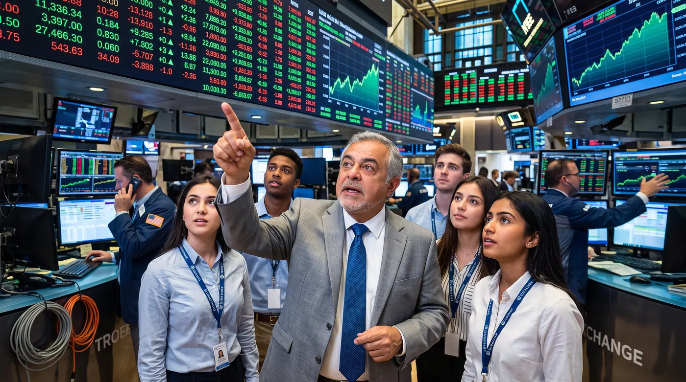 Bert pointing at market boards on a stock exchange floor with students